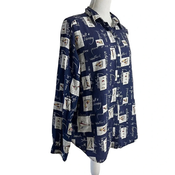 Jennifer Moore Button Up Shirt Large Novelty Boat Print Nautical Sailing Beach - Picture 2 of 9